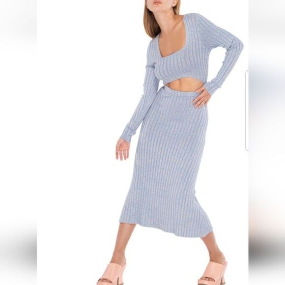 AFRM "Skye" Cut Out Front Ribbed Marled Icy Blue Midi Sweater Dress NWT Sz. L - Picture 3 of 8
